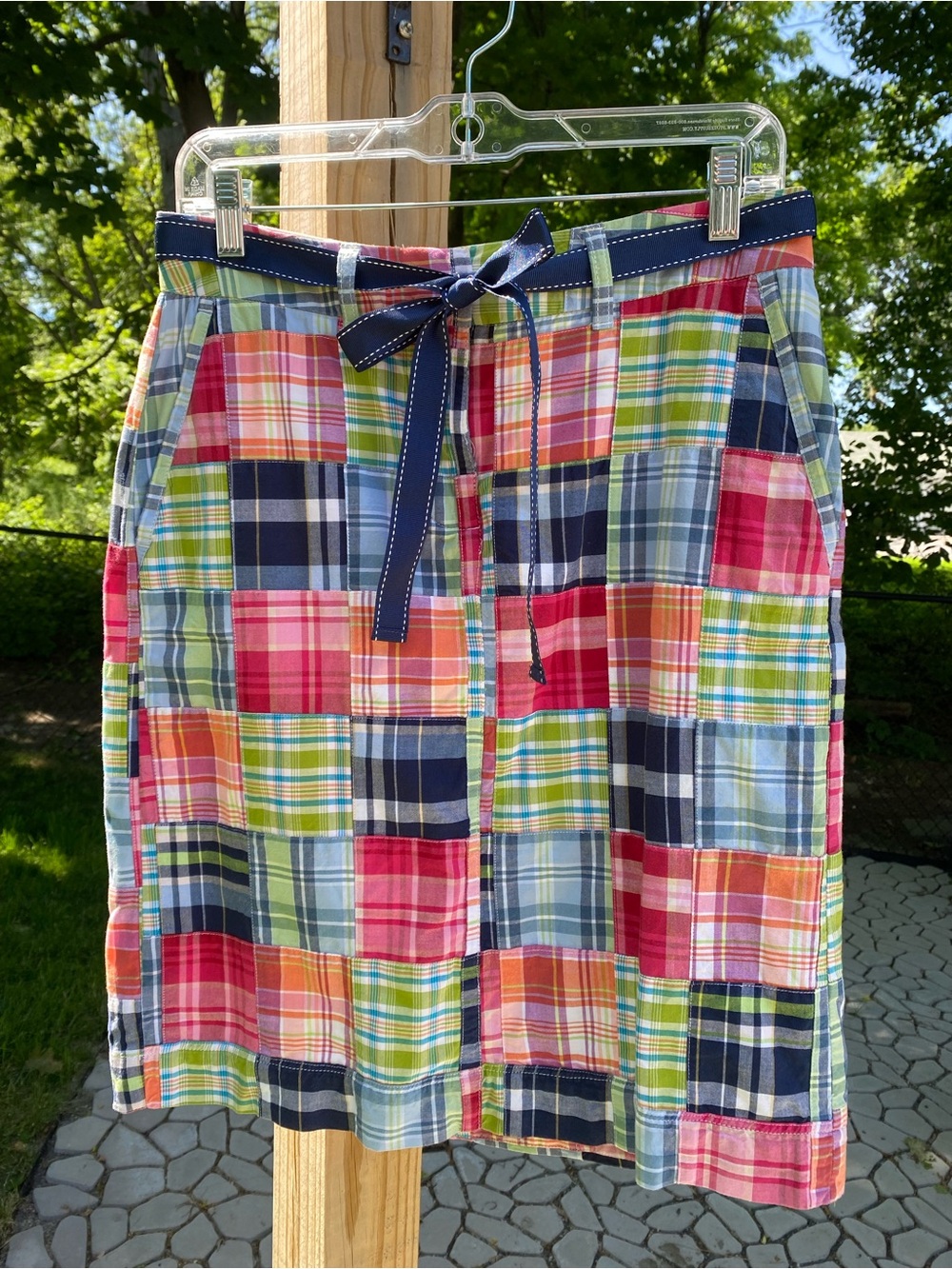 NWOT L.L. BEAN Multicolor Patchwork Plaid Cotton A-Line Skirt w/Navy Tie, Belted - Picture 2 of 8